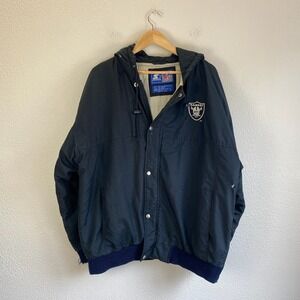 Vintage 90s Starter Raiders Jacket Mens Large Black Fair Distressed NFL Hooded